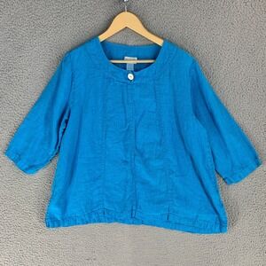 Mosaic USA Top Large Linen Blue Button 3/4 Sleeve Vibrant Lagenlook